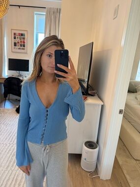 Reformation Soft Blue Ribbed V-Neck Button-Front Sweater